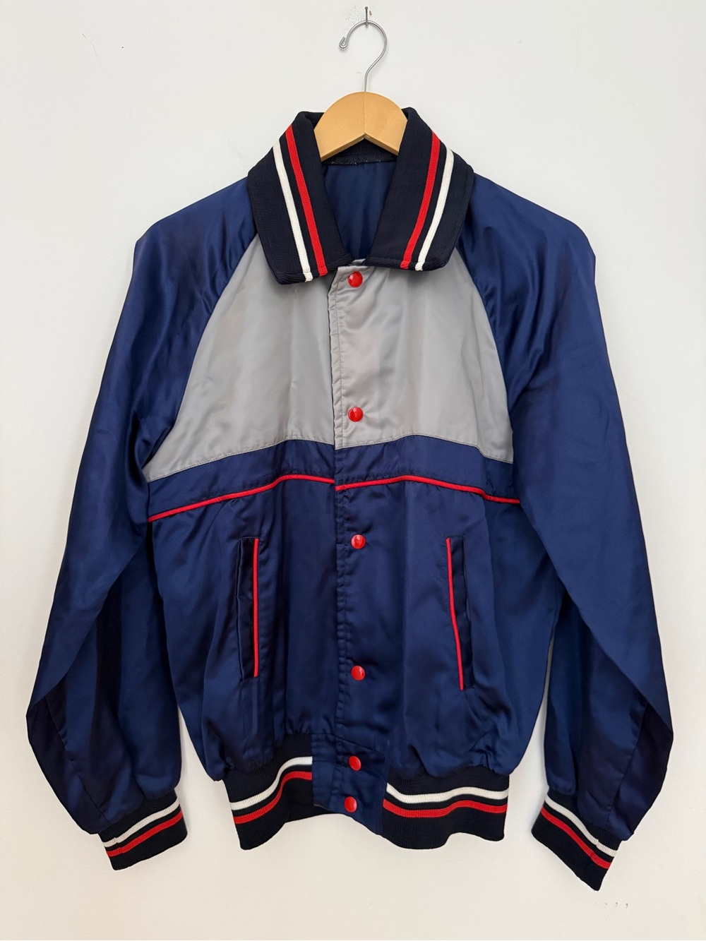 Navy and Gray Vintage Satin Bomber Jacket with Red Trim